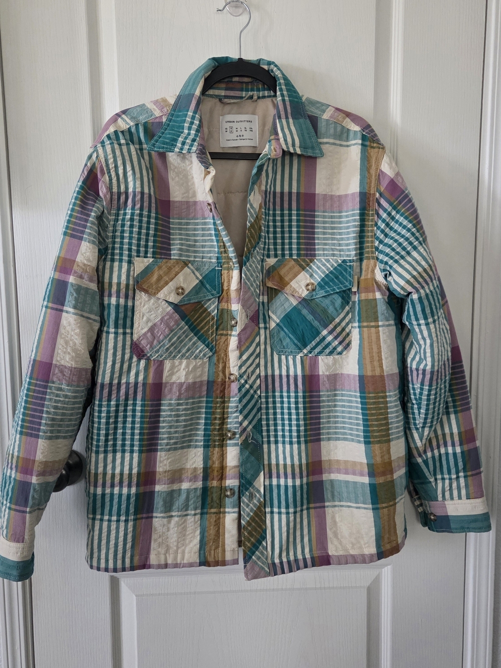 Urban Outfitters Plaid Quilted Shacket - Teal, Purple & Cream